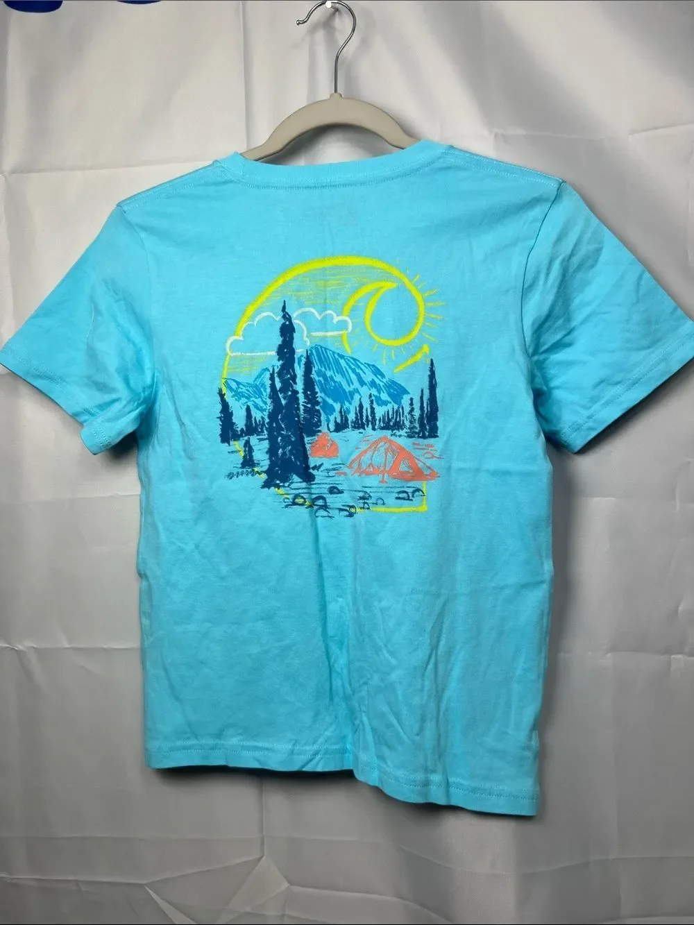 Carhartt blue pocket t-shirt with camping graphic on back